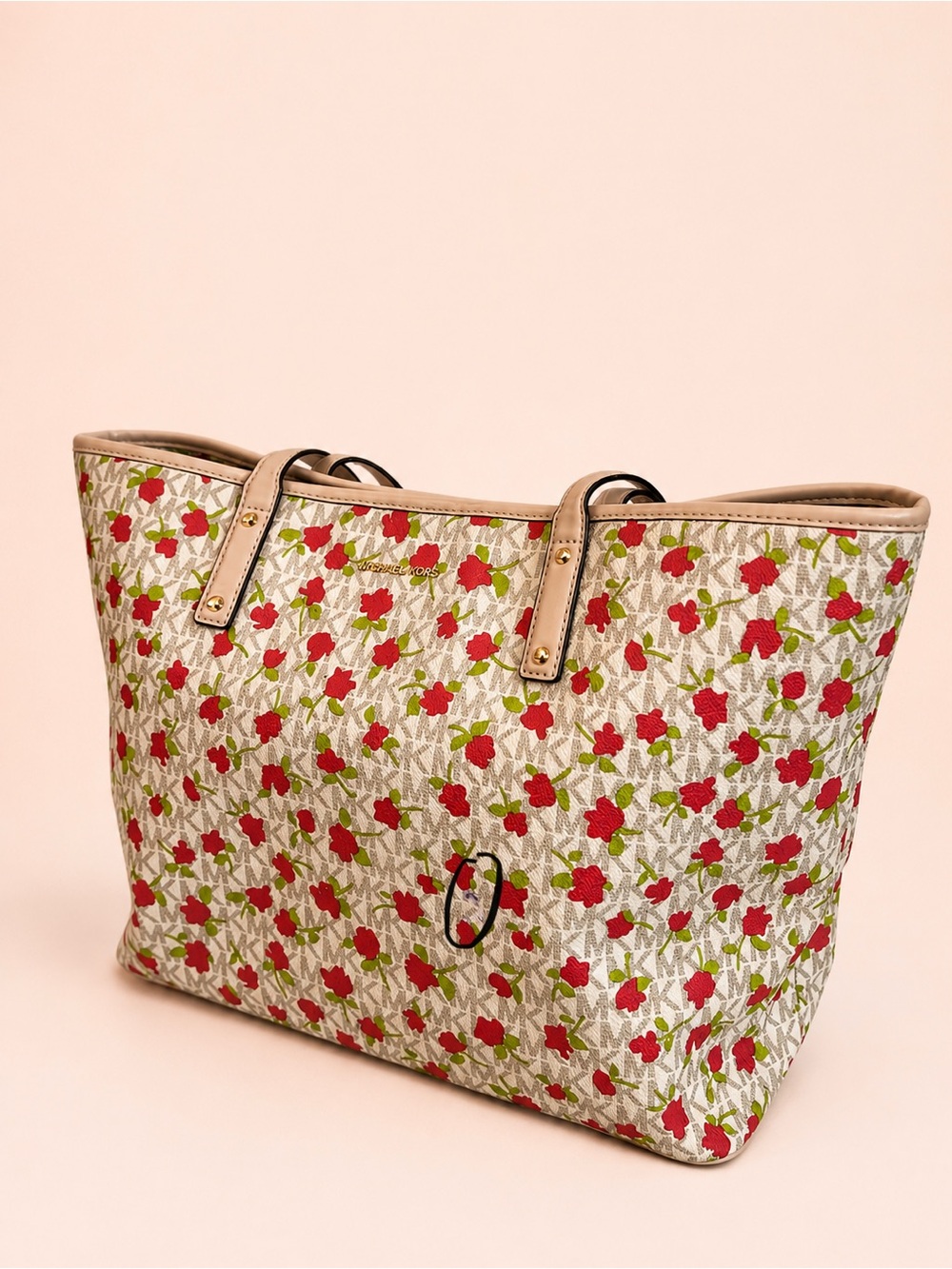 Michael Kors Beige Logo Tote with Red Floral Print